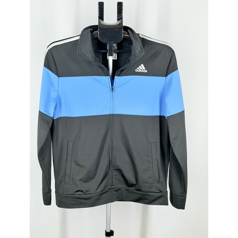 Adidas Boys XL 18/20 Track Jacket Black Blue Full Zip Colorblock 3-Stripe